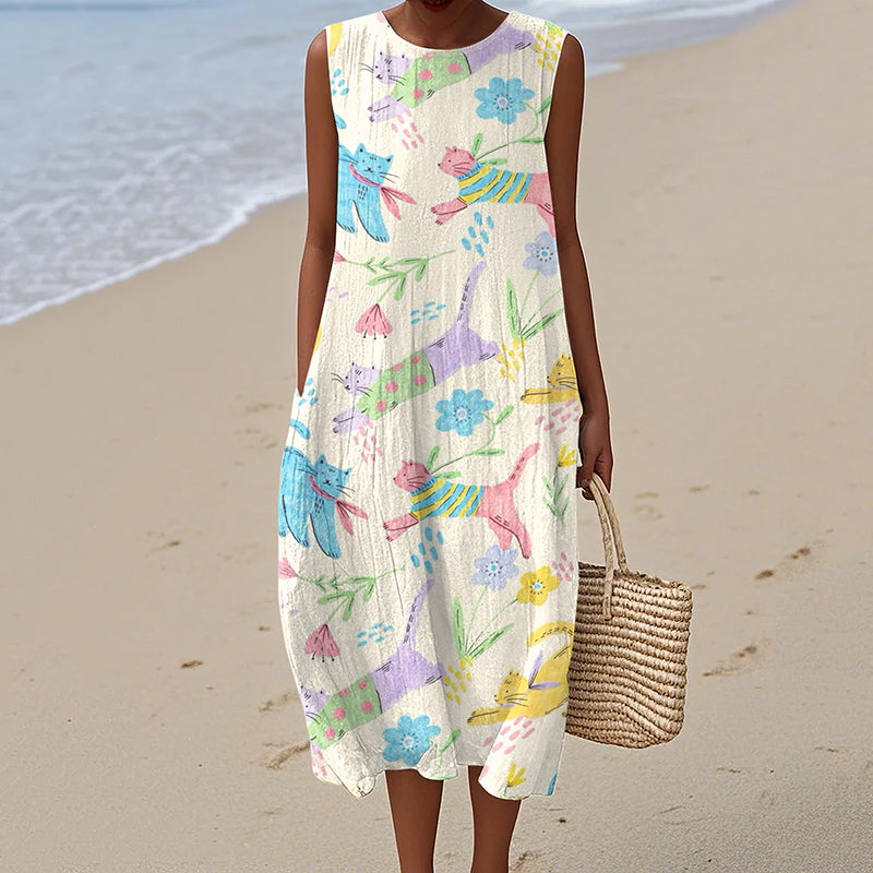 Women's Vintage Floral Cute Cat Art Print Sleeveless Dress elevenforest