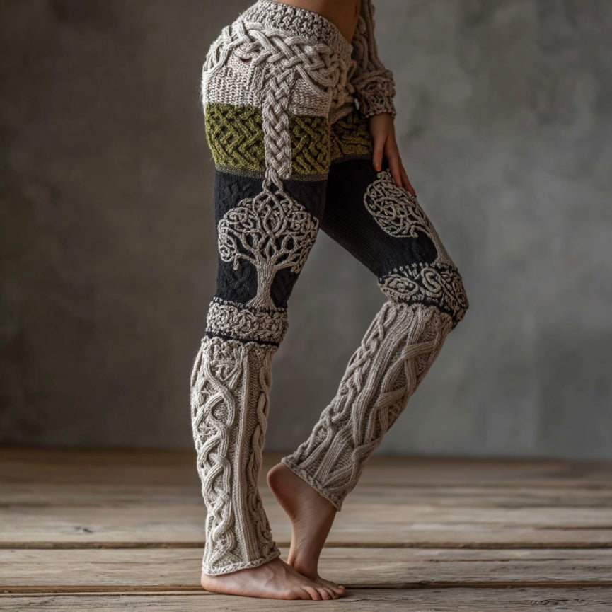 Vintage Viking Tree Of Life Celtic Knot Art Knit Jacquard Cozy Leggings artswardrobe