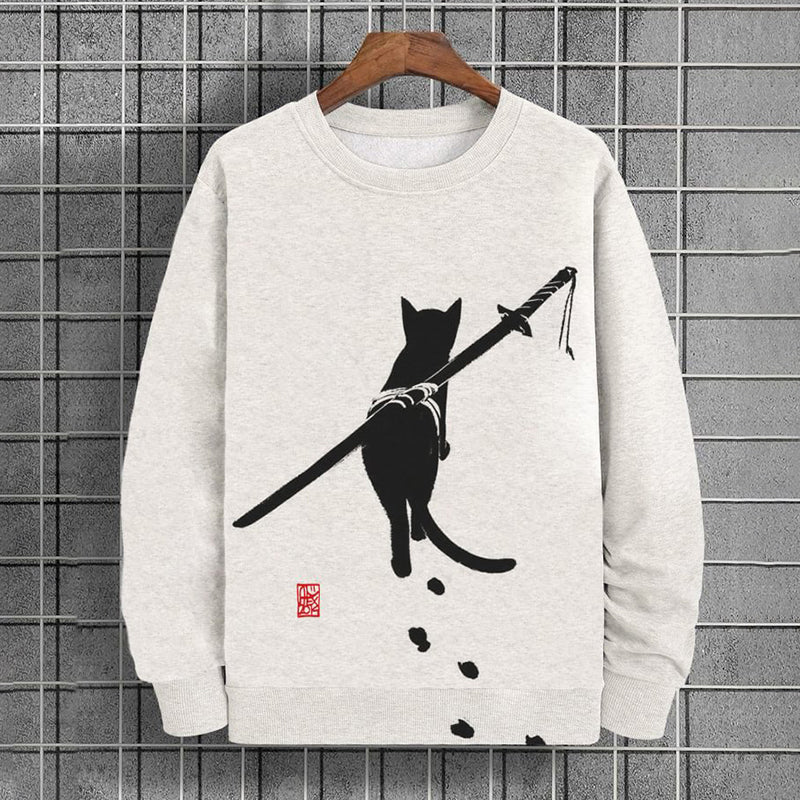 Men's Colorblock Japanese Samurai Cat Printed Casual Sweatshirt elevenforest