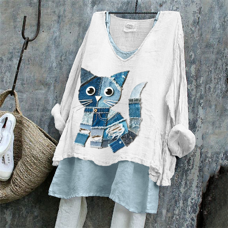 Lovely Cat Denim Textile Art Linen Tunic elevenforest
