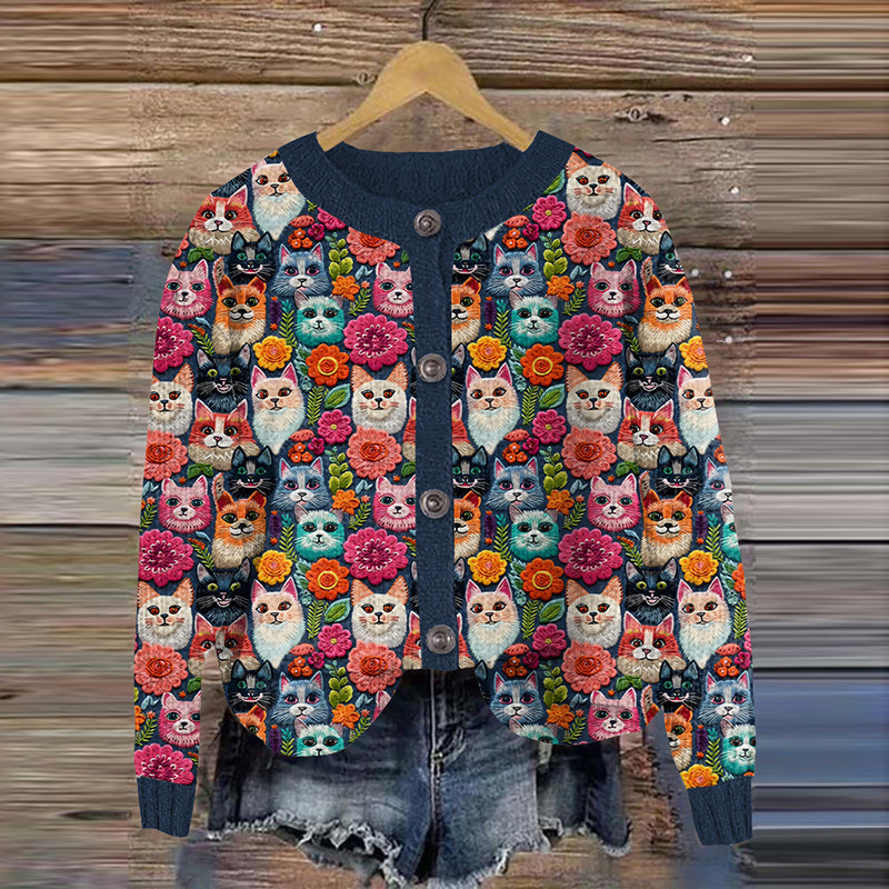 Cute Cats Floral Embroidered Crew Neck Cozy Cardigan elevenforest