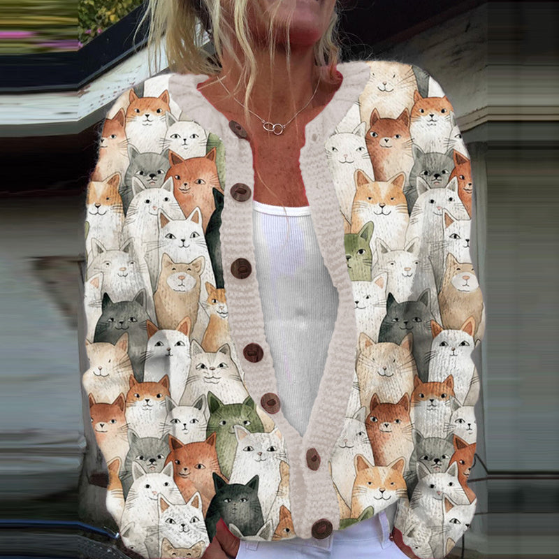 Cute Cat Print Long Sleeve Casual Knitted Cardigan elevenforest