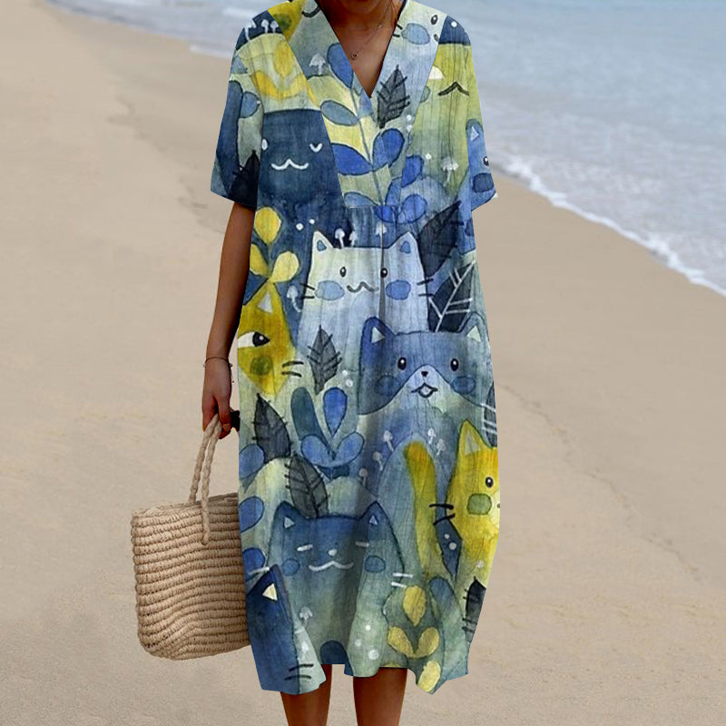 Women's Watercolor Cat Art Print V-neck Dress elevenforest