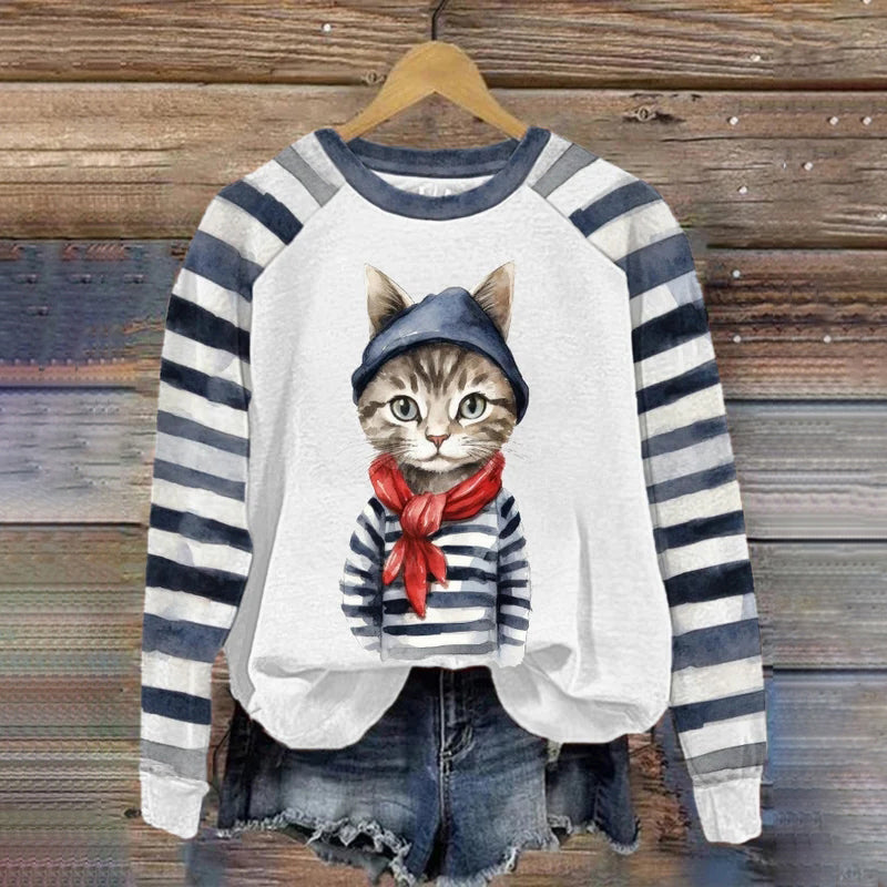 Women's Cartoon Cat Print Sweatshirt elevenforest
