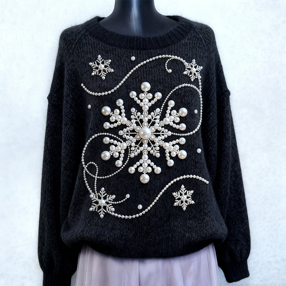 Vintage Pearl Snowflake Embroidered Cozy Knit Sweater artswardrobe
