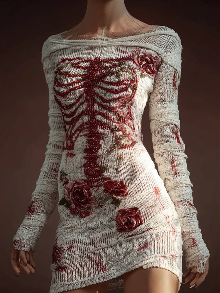 Halloween Glitter Rose Skeleton Anatomy Bloody Bandages Sweater Dress artswardrobe