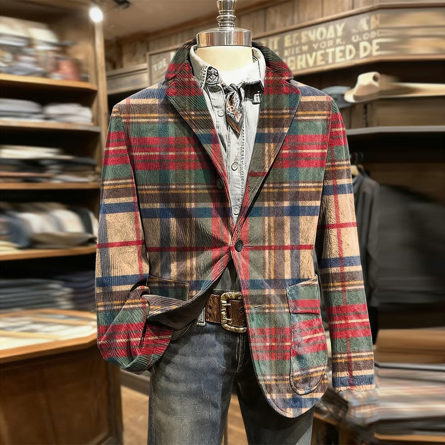 Comstylish Men's Retro Christmas Plaid Art Print Casual Blazer