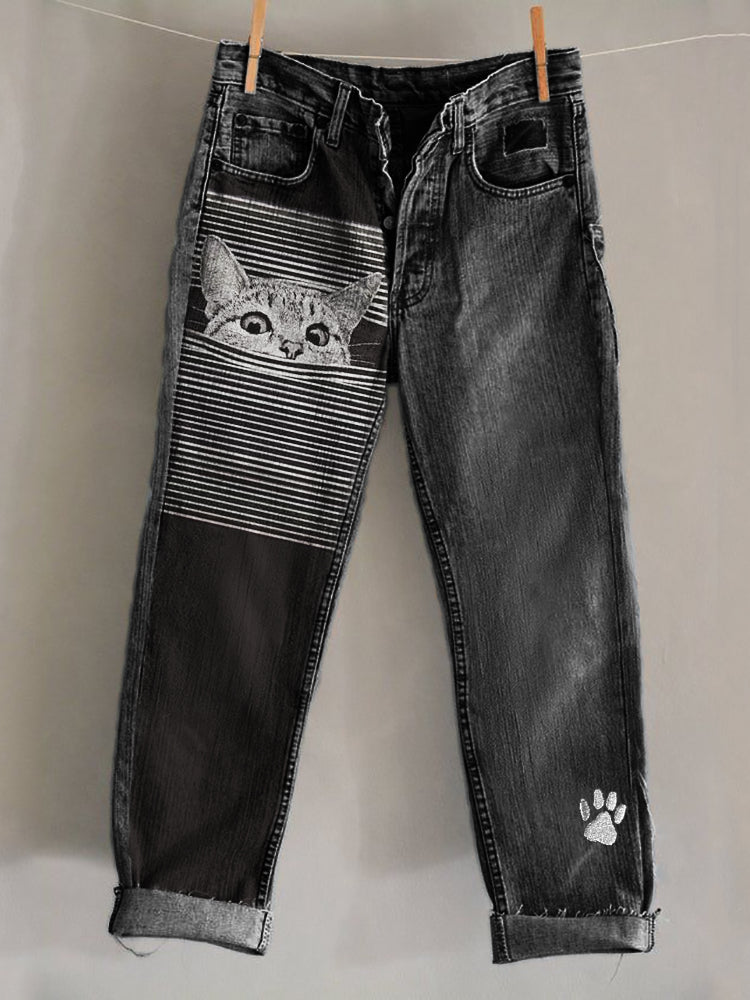 Peeking Cat Striped Paw Print Embroidered Washed Jeans elevenforest