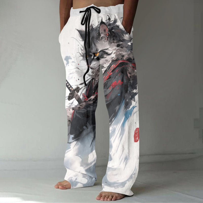 Japanese Kimono Samurai Cat Ink Art Linen Blend Cozy Pants elevenforest