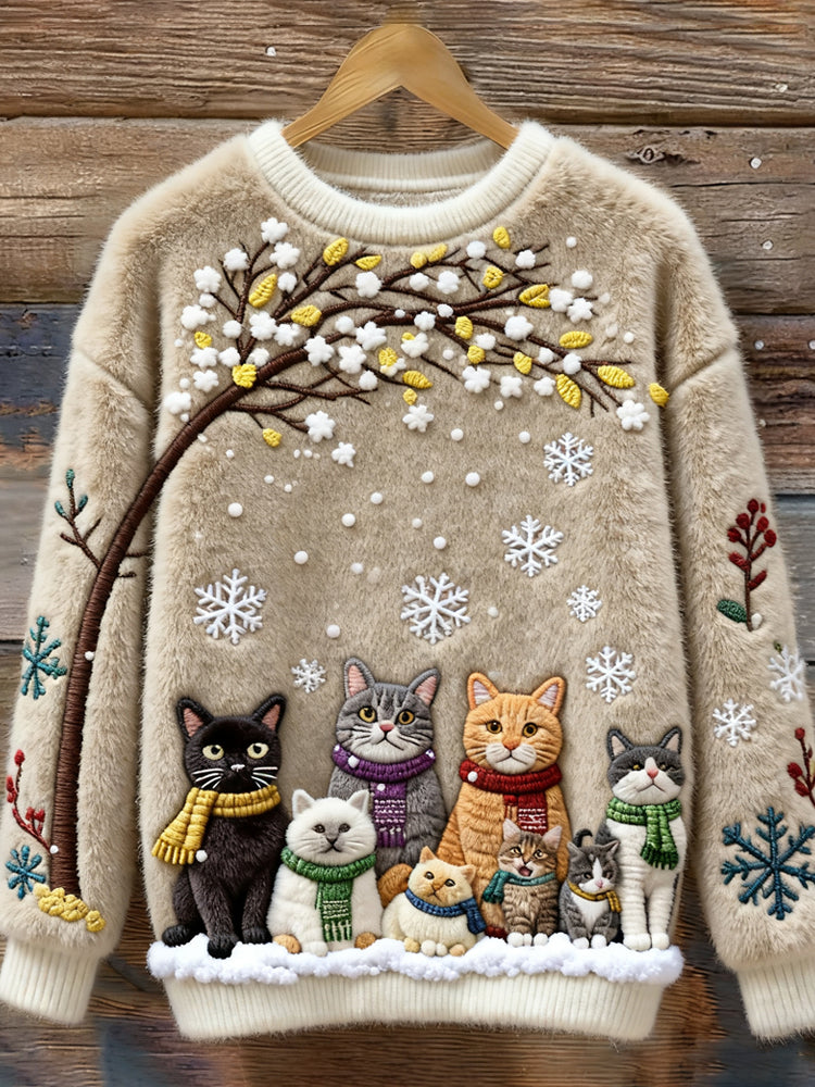 Christmas Cats Embroidery Women's Cozy Plush Sweater