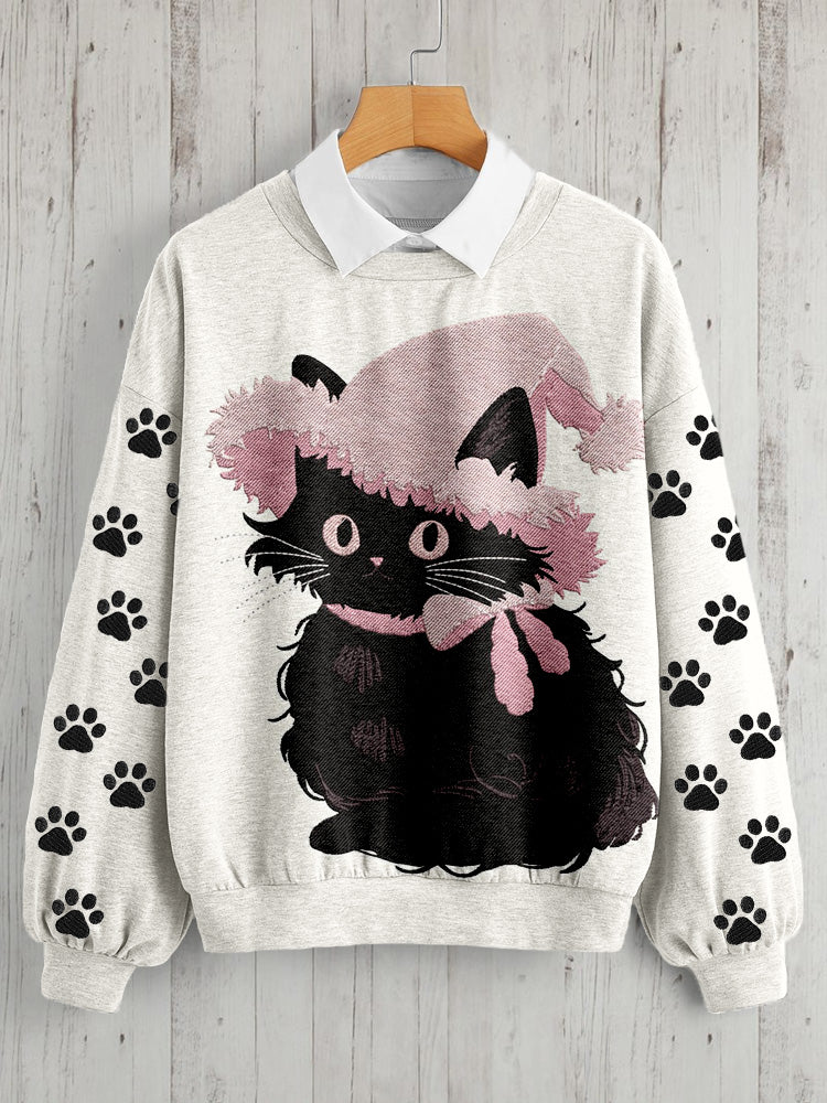 Lovely Lady Cat With Beanie Hat And Scarf Embroidered Sweatshirt elevenforest