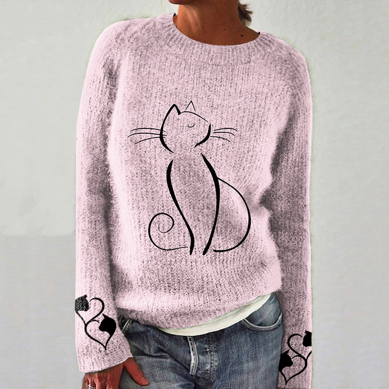 Women's Cute Cat Art Print Cozy Sweater elevenforest