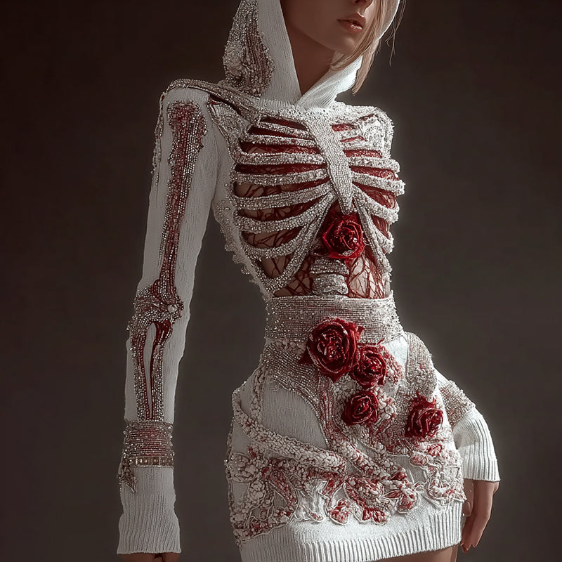 Vintage Skeleton Bones With Rose Women's Knit Hooded Sweater Dress artswardrobe