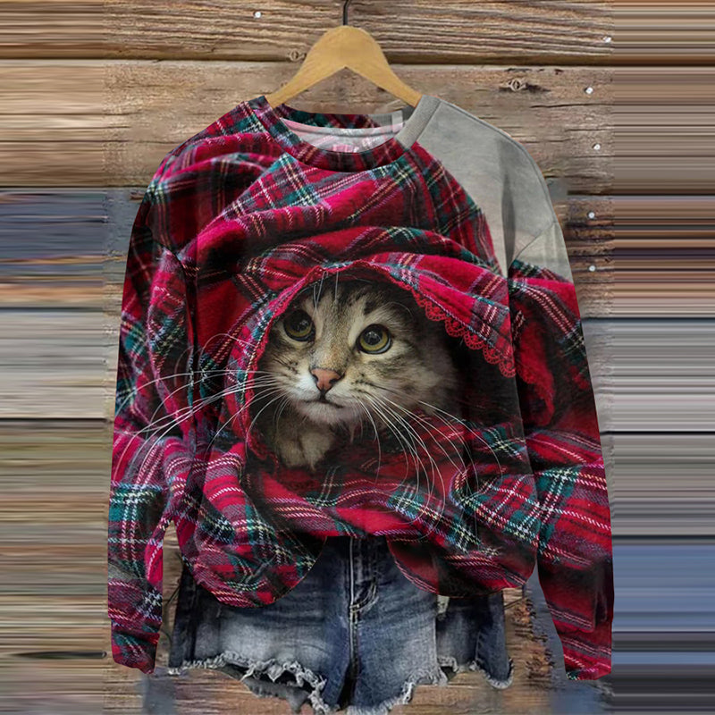Plaid Cat Print Round Neck Casual Sweatshirt elevenforest