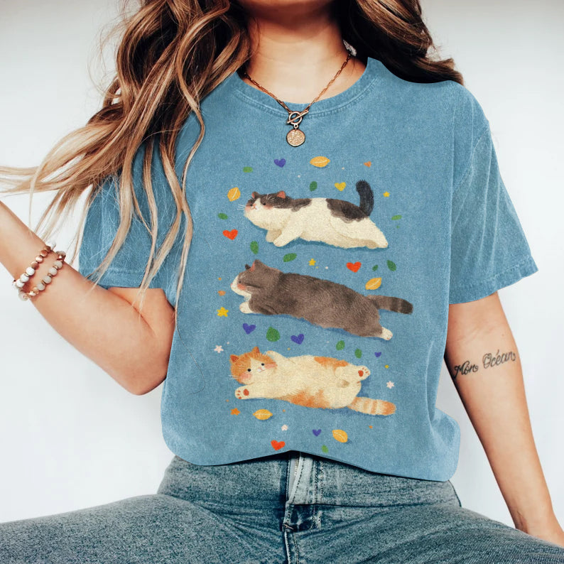 Abstract Creative Cute Lazy Cat Art Print Cotton Graphic T-shirt elevenforest