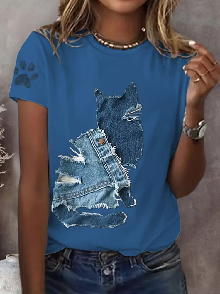 Women's Retro Funny Denim Patch Animal Cat Print T-shirt elevenforest