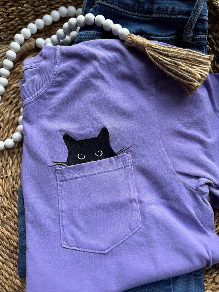 Black Cat Embroidery Pattern Short Sleeve T-Shirt elevenforest