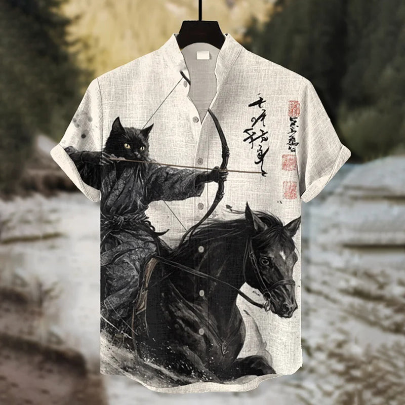Men's Retro Calligraphy War-horse Black Cat Showa Archer Print Short Sleeve Shirt elevenforest