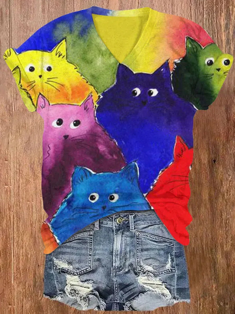 Watercolor Rainbow Cats Print V-neck T-shirt elevenforest