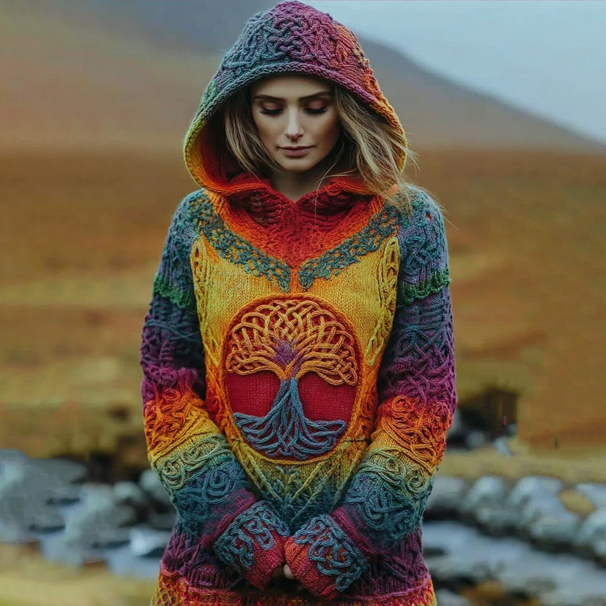 Women's Viking Celtic Knot With Tree Of Life Irish Rainbow Art Cozy Knit Hooded Sweater artswardrobe