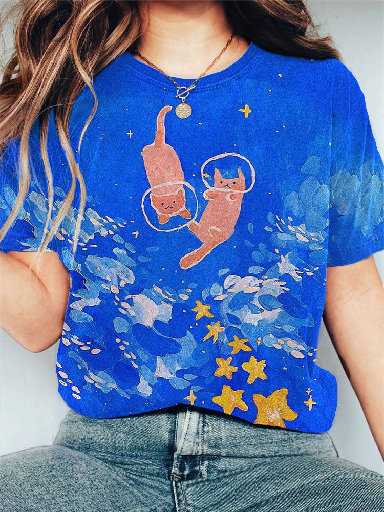 Women's Casual Dream Cat Watercolor Painting Print T-shirt elevenforest