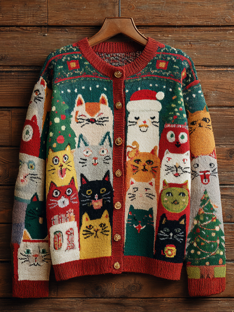 Christmas Fun Cat Lady Round Neck Knitted Sweater Coat artswardrobe