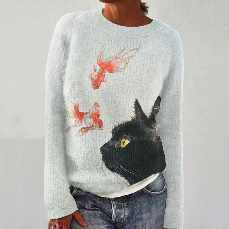 Cat & Fish Art Print Women's Sweater elevenforest