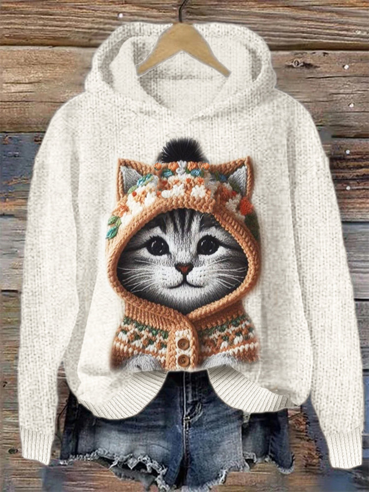 Cozy Cat With Hoodie Crochet Hooded Sweater elevenforest