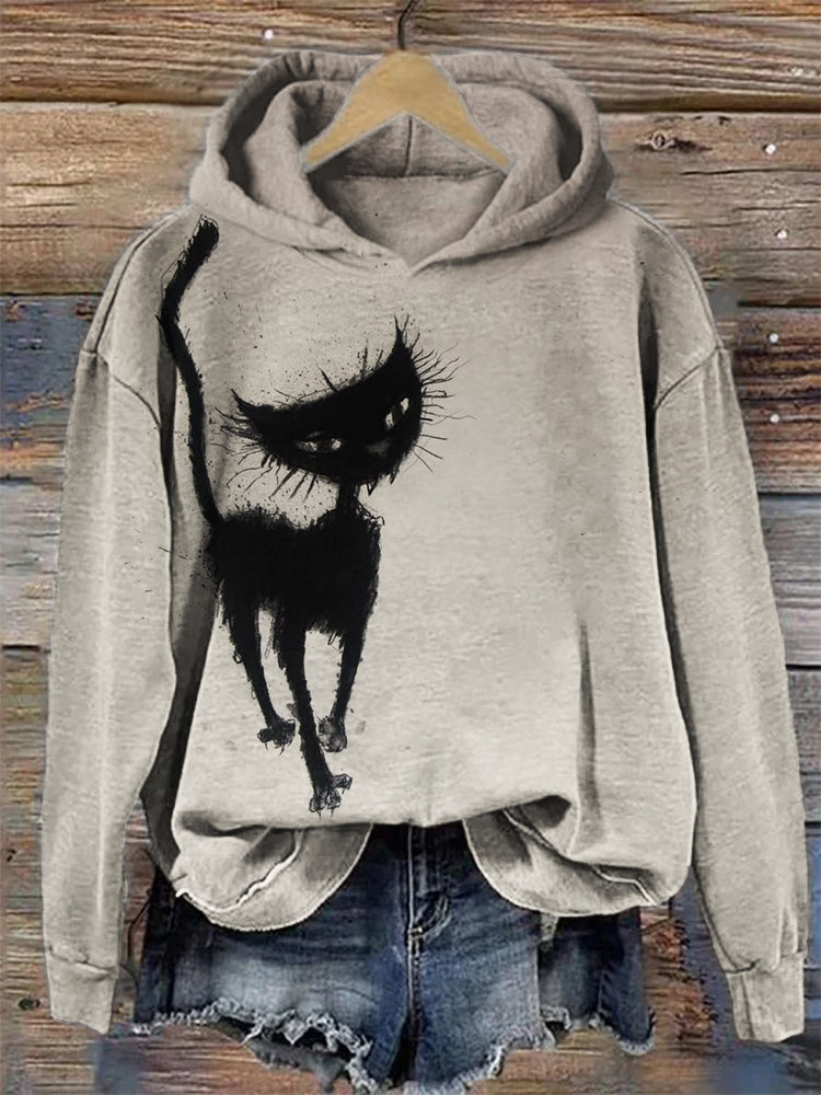 Elegant Fuzzy Black Cat Art Cozy Hoodie elevenforest