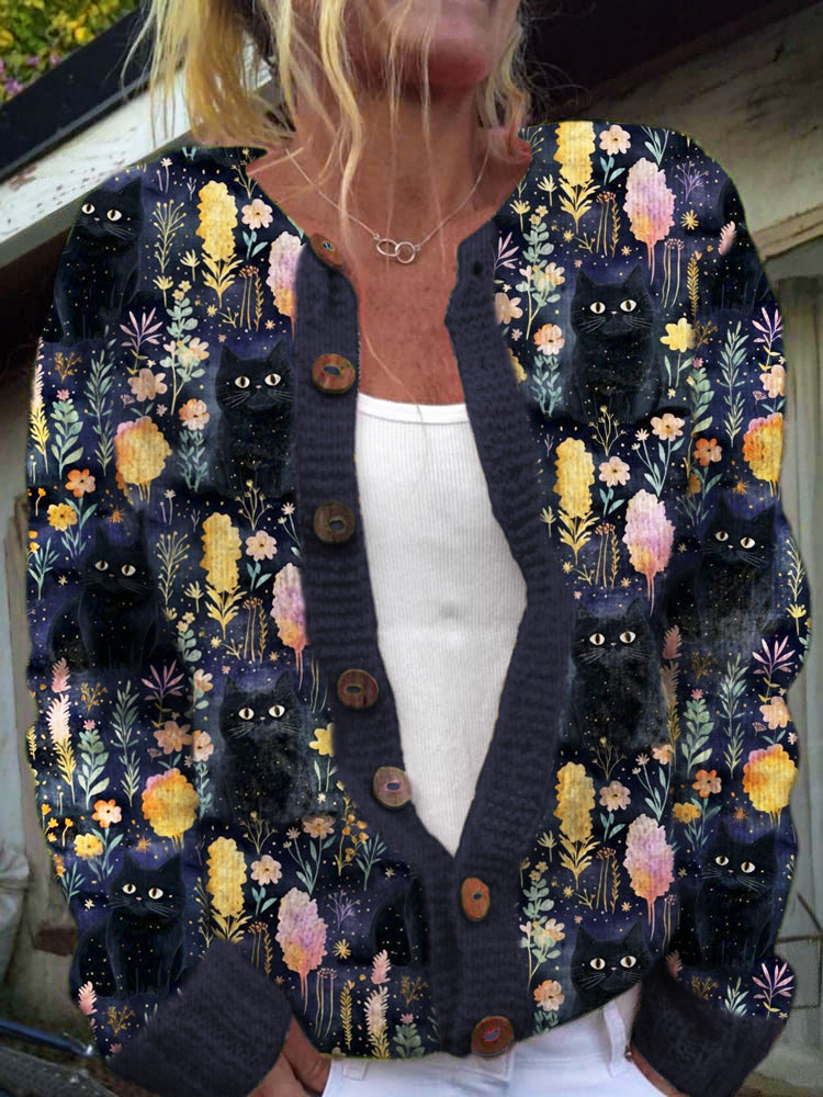 Watercolor Floral & Black Cat Print Women's Cardigan Sweater elevenforest