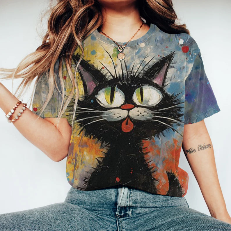 Abstract Creative Cute Cat Painting Art T-Shirt elevenforest