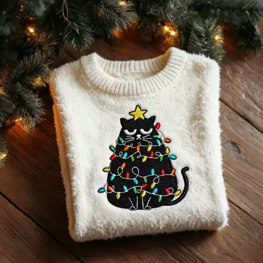 Merry Christmas Cat Christmas Tree Round Neck Sweater artswardrobe
