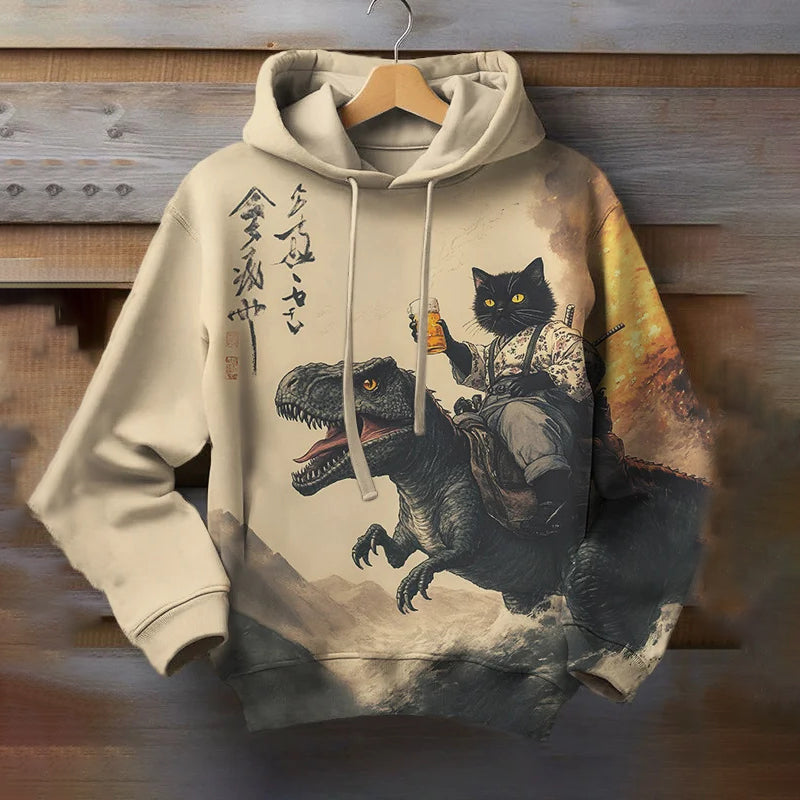 Men's Black Cat Samurai Dinosaur Sea Wave Art Print Casual Hoodie elevenforest