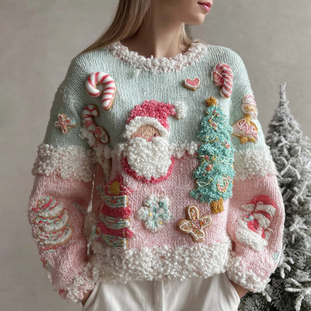 Women's Christmas Candy Embroidery Crew Neck Sweater artswardrobe