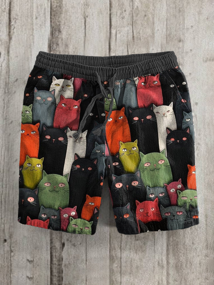Funny Cats Print Linen Blend Vintage Shorts elevenforest