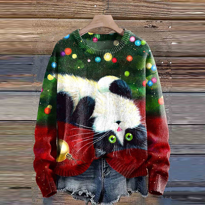 Christmas Cat Print Cozy Knit Sweater elevenforest