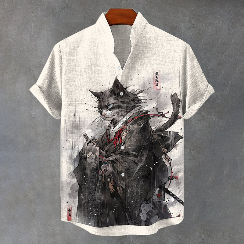Japan Cat Kimono Samurai Ink Art Linen Blend Cozy Shirt elevenforest