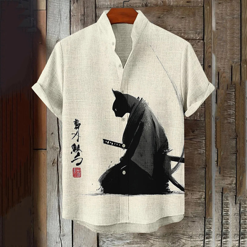 Men's Warrior Cat Kneeling Ink Painting Art Print Casual Shirt elevenforest