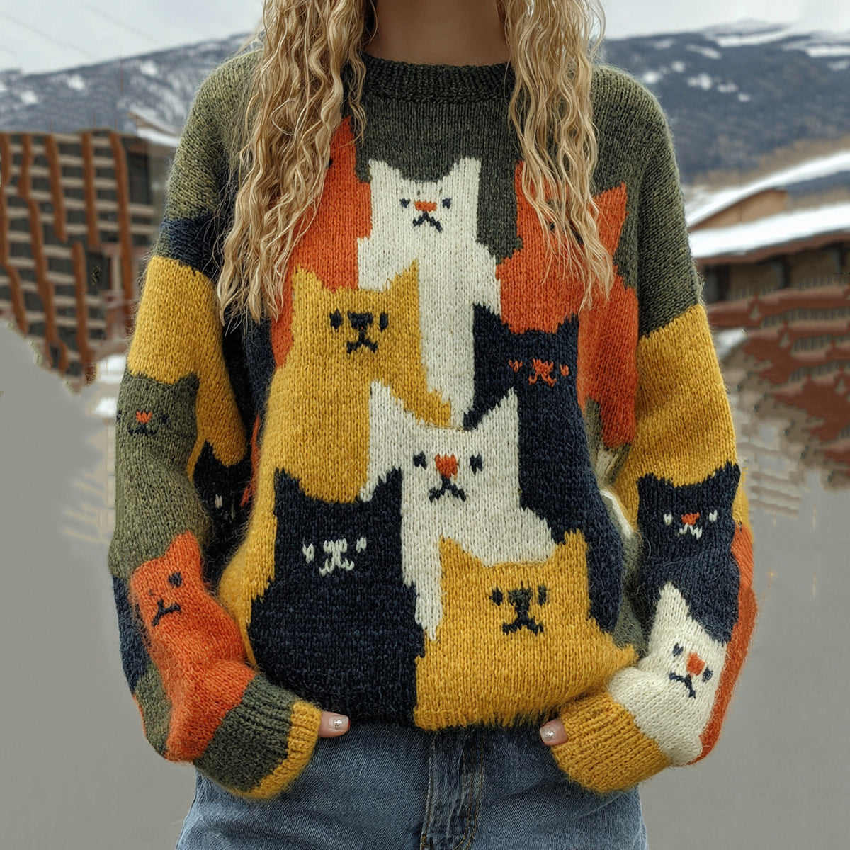 Colorful Winter Cats Pattern Art Cozy Knit Sweater elevenforest