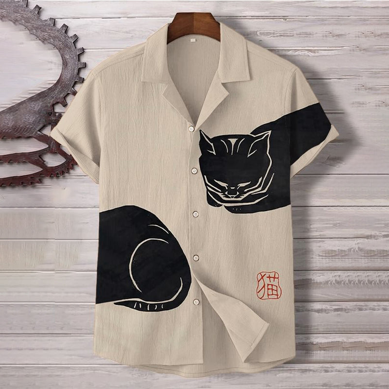 Men's Black Cat Japanese Lino Art Painting Print Hawaiian Beach Shirt elevenforest