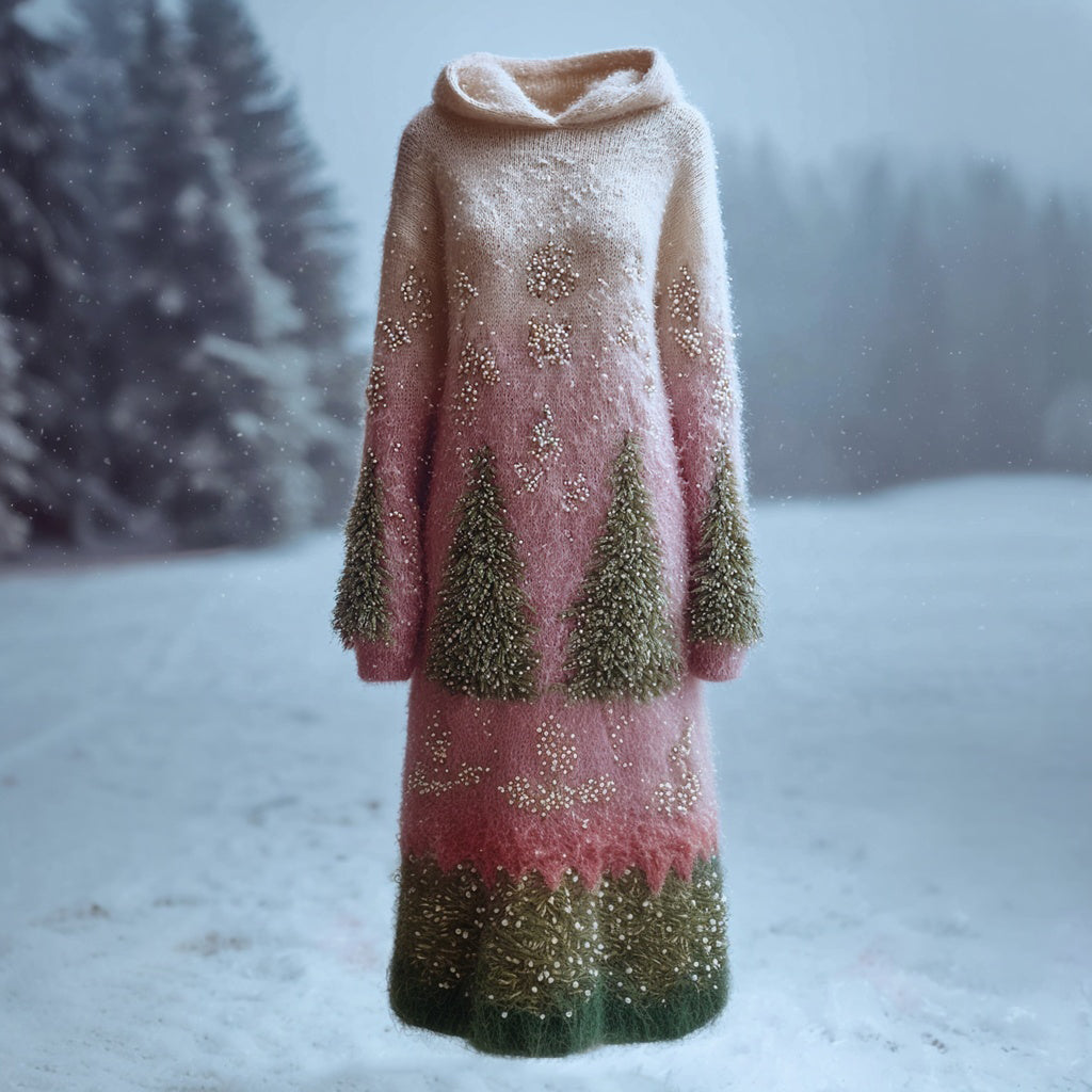 Vintage Christmas Trees Beads Embroidered Cozy Sweater Dress artswardrobe