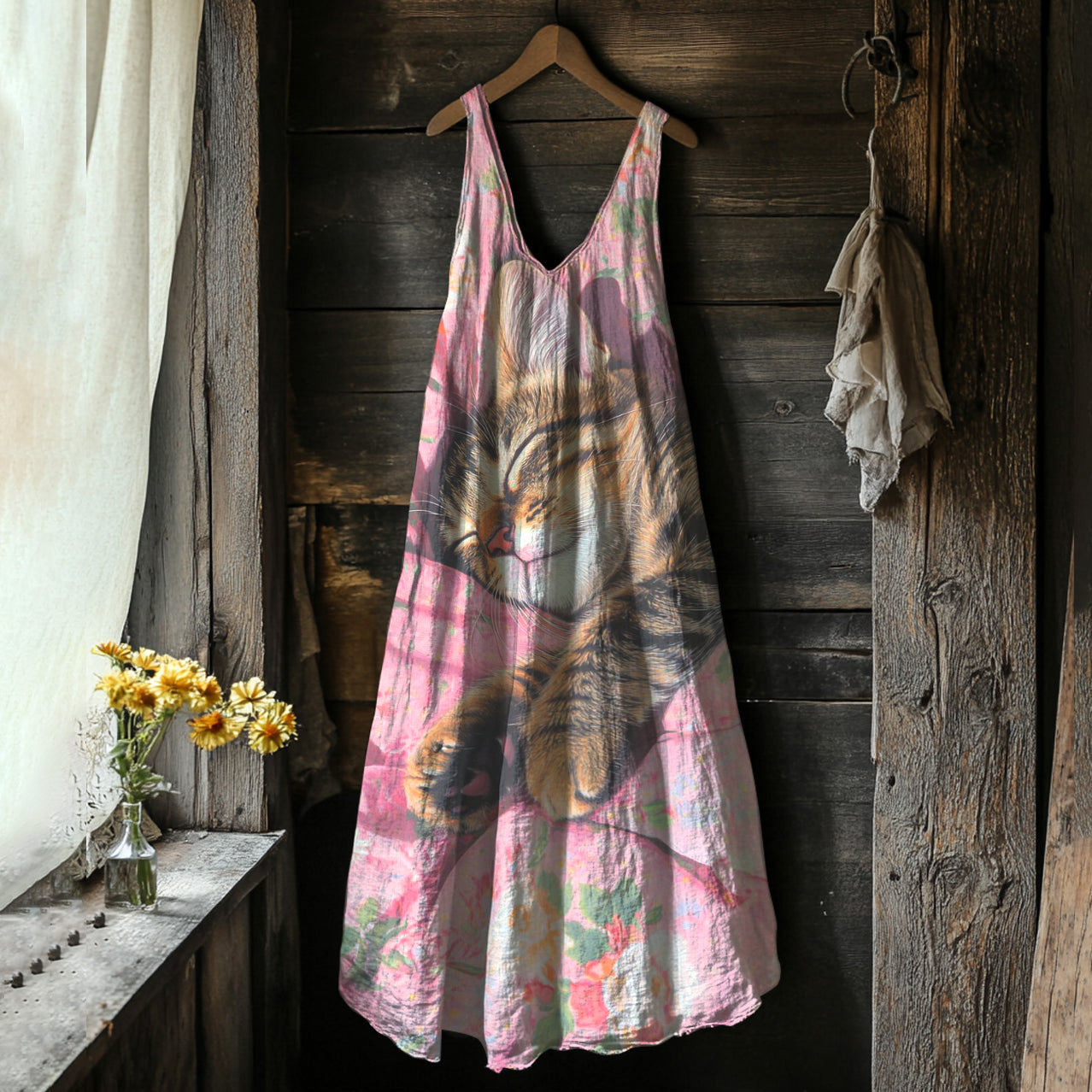 Women's Funny Sleeping Cat Art Cotton And Linen Dress elevenforest