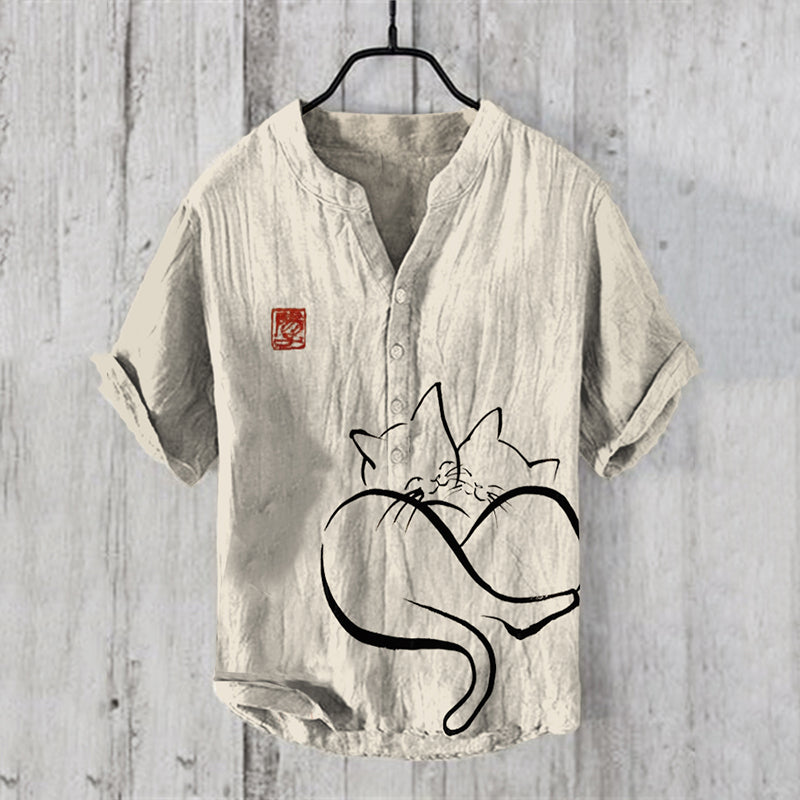 Japanese Ink Painting Of Two Cats Be Together Art Linen Blend Shirt elevenforest