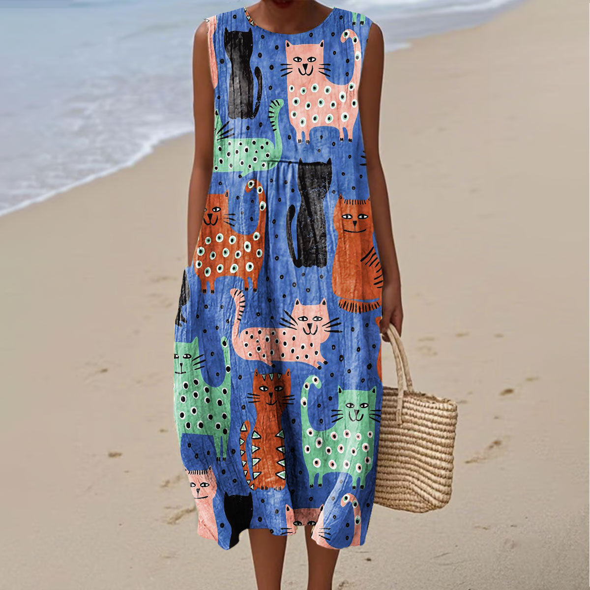 Women's Vintage Abstract Kitten Art Print Sleeveless Wrap Dress elevenforest