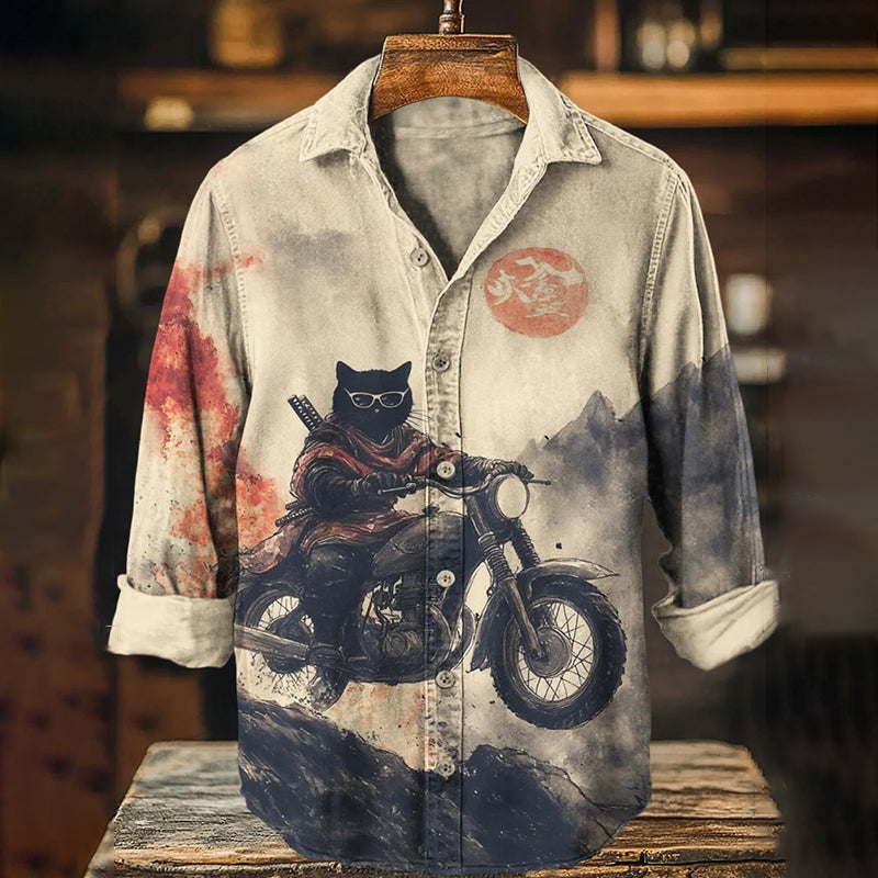 Men's Retro Black Cat On Motorcycle Art Print Long Sleeve Shirt elevenforest