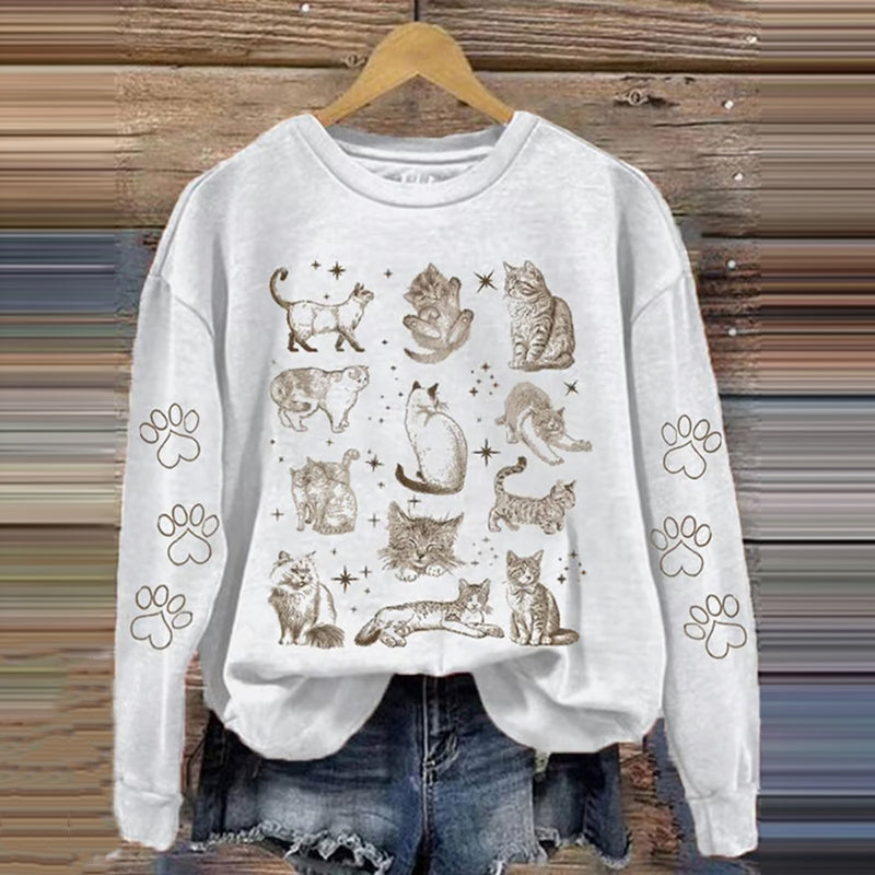 Cat Print Crew Neck Casual Sweatshirt elevenforest
