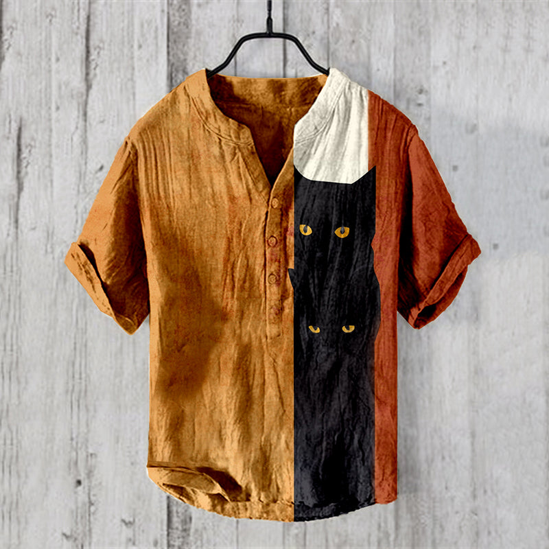 Japanese Abstract Black Cat Art Print Linen Blend Shirt elevenforest