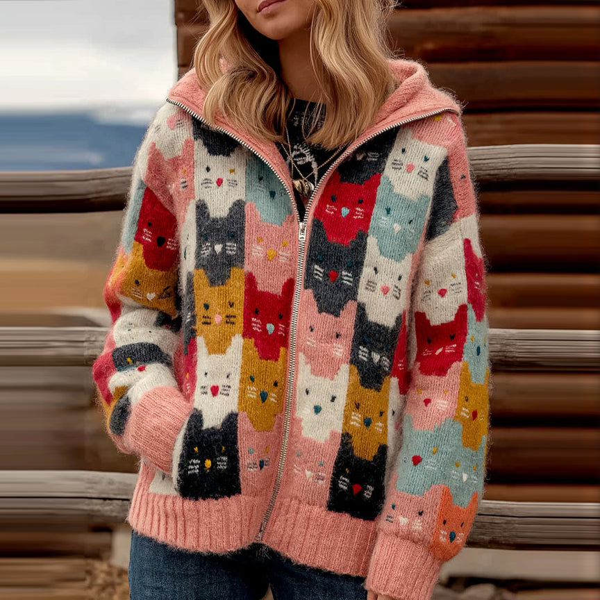 Women's Colorful Cats Art Knit Zipper Cardigan Sweater elevenforest
