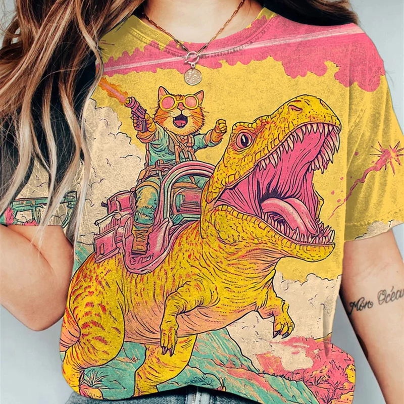 Abstract Creative Cat And Dinosaur Fantasy Art Print Cotton Graphic T-shirt elevenforest