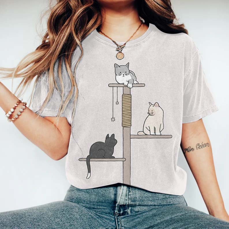 Women‘s Cute Cat Round Neck Casual T-Shirt elevenforest